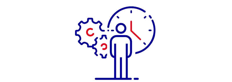 Illustration d'un salarié, d'une horloge et d'engrenages symbolisant les heures supplémentaires